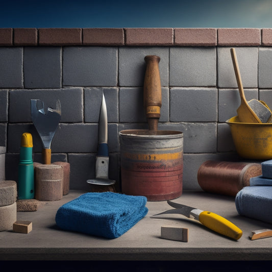 A detailed illustration of a mason's toolkit, including a trowel, level, and hammer, surrounded by fragmented concrete blocks, with a blurred background of a renovated block wall.