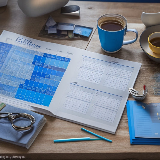 A calendar or planner page with a partially filled-out renovation schedule, accompanied by scattered blueprints, color swatches, and a coffee cup, set against a messy but organized workspace background.