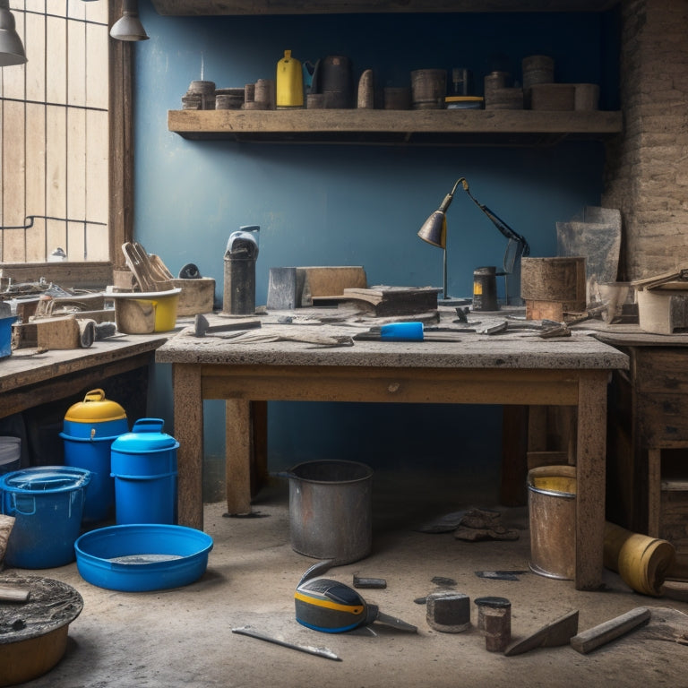 A cluttered workshop table with a variety of tools scattered across it, including a trowel, level, stud finder, joint compound, and a bucket of joint tape, surrounded by partially renovated walls in the background.