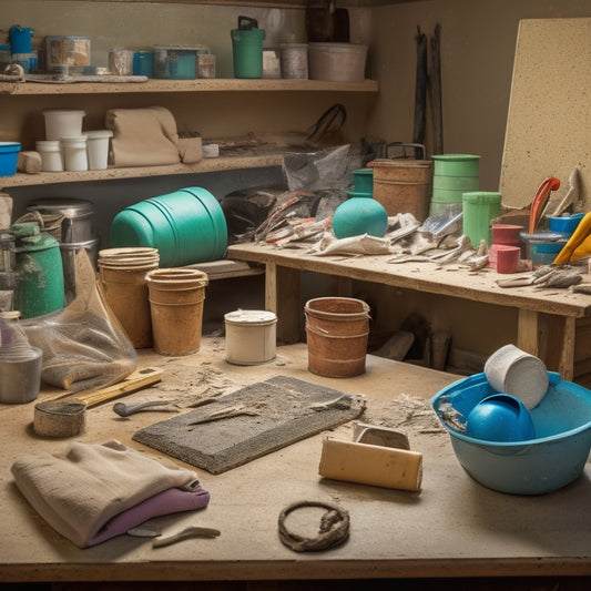 A cluttered workshop table with various plastering materials, including buckets of joint compound, bags of plaster mix, and rolls of drywall tape, surrounded by scattered tools and dusty renovation debris.