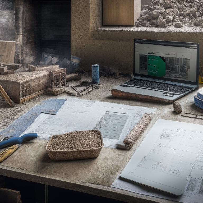 A cluttered construction site with scattered blueprints, tools, and building materials, transformed into a streamlined workspace with a tablet displaying a renovation project management dashboard.