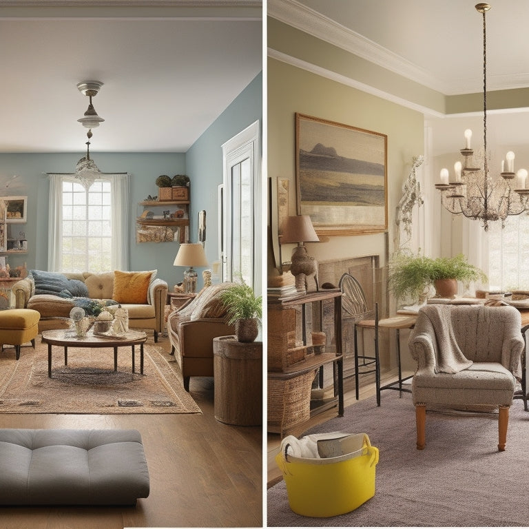 A before-and-after split-screen image: a cluttered, worn-out living room with peeling paint on the left, and a bright, tidy, freshly painted space with a ladder, paint cans, and a happy homeowner on the right.