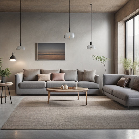 A serene, modern living room with a polished concrete floor, accented with a minimalist wooden coffee table and sleek, industrial-chic lighting fixtures, set against a backdrop of exposed concrete walls.