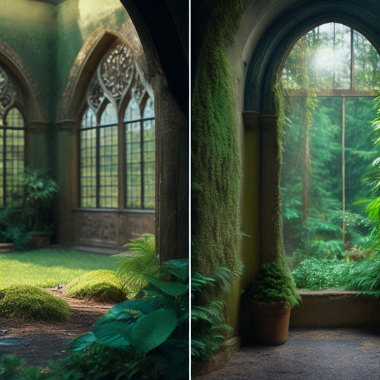A before-and-after split-screen image: a grimy, moss-covered exterior wall with dirt-stained windows on the left, and a sparkling clean wall with gleaming windows on the right, surrounded by lush greenery.