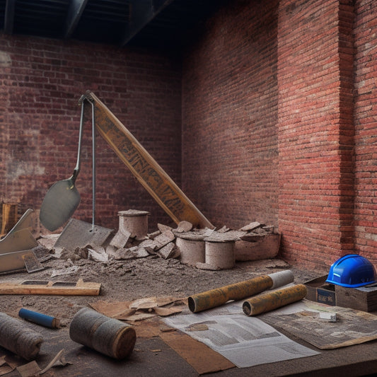 A partially demolished brick wall with a hammer, trowel, and level nearby, surrounded by scattered blueprints, measuring tapes, and a hard hat, amidst a backdrop of renovation chaos.