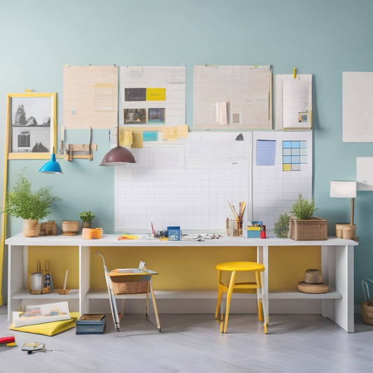 A clean and organized workspace with a renovated plaster wall as the backdrop, featuring a large whiteboard with colorful sticky notes, a rolled-up blueprint, and a few scattered renovation tools.