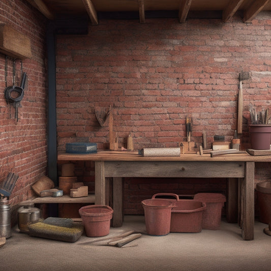 A DIY workbench with a half-built brick wall, surrounded by a scattered assortment of budget-friendly tools and materials, including a trowel, level, and buckets of mortar and bricks.