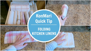 Candid tutorial showing the KonMari Method style of folding kitchen linens including a dishcloth and dishtowel
