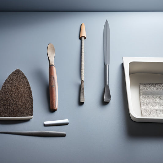 An image depicting a variety of trowels with distinct handle materials and angled blades, arranged on a clean, light-gray background, surrounded by subtle hints of renovation materials like drywall and joint compound.