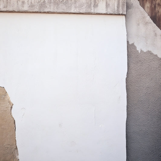 An image of a worn, cracked stucco exterior wall with peeling paint, contrasted with a renovated section featuring smooth, freshly applied stucco, and a subtle hint of scaffolding in the background.