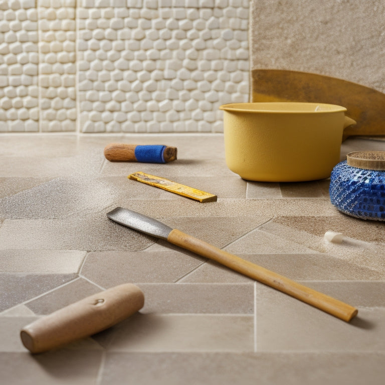 A close-up shot of a grout float with worn, rounded edges and a handle worn smooth, resting on a mosaic tile floor amidst a scattered array of grout haze and renovation tools.