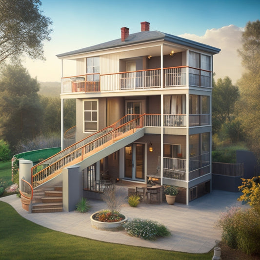 An illustration of a two-story house with scaffolding erected around it, featuring a mix of straight and curved sections, with multiple levels of platforms and stairs, amidst a clutter-free backyard.
