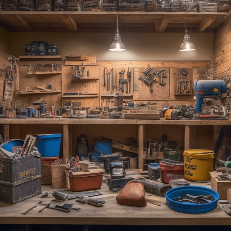 A cluttered but organized workshop with various tool brands' logos on boxes, bags, and devices, surrounded by half-finished DIY projects and renovation materials like wood, pipes, and paint cans.
