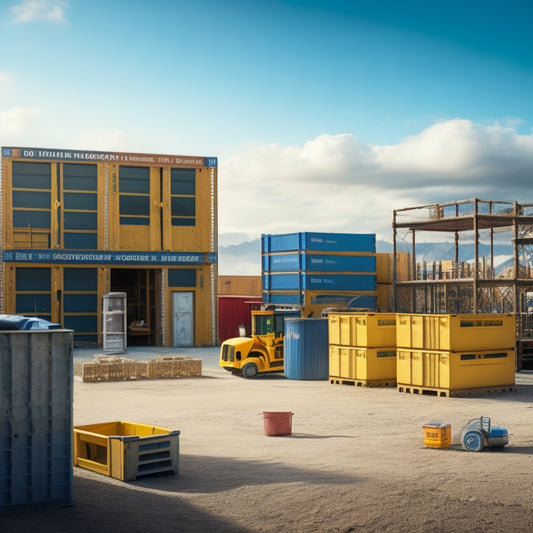 An organized construction site with a variety of storage solutions, including stackable crates, toolboxes, and a portable storage container, amidst a backdrop of renovation chaos.