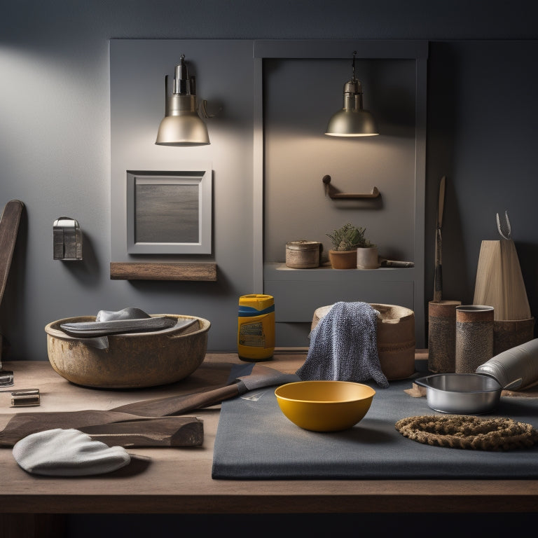 A well-lit, modern interior with a renovated smooth wall as the focal point, surrounded by various tools and materials, including a putty knife, sandpaper, and a paint roller on a tray.