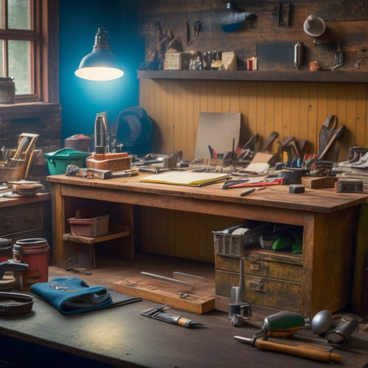 A cluttered workbench with a partially open toolbox, scattered with various tools, against a blurred background of a half-renovated room, with a faint outline of a checklist on a clipboard.
