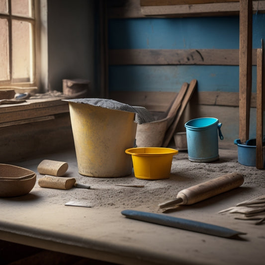 Image of a plastering trowel lying on a wooden workbench surrounded by scattered plastering tools, a half-plastered wall, and a bucket of mixed plaster in the background.