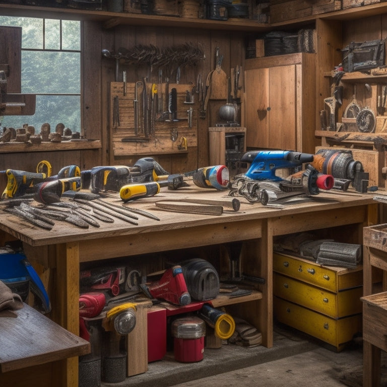 A cluttered but organized workbench with a variety of power tools, including a cordless drill, circular saw, and impact driver, surrounded by scattered woodworking plans and half-finished renovation projects.