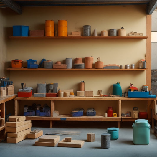 A tidy, organized workshop with various blocks and materials on shelves, including concrete blocks, cinder blocks, wooden blocks, and insulated concrete forms, with scattered tools and a faint blueprint on the wall.