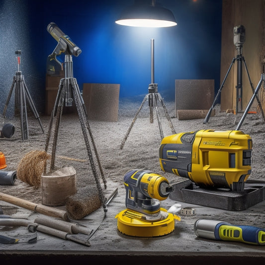 A messy, cluttered construction site with three prominent, spotlit tools: a cordless drill with a hole saw attachment, a laser level on a tripod, and a tape measure unwinding from its reel.