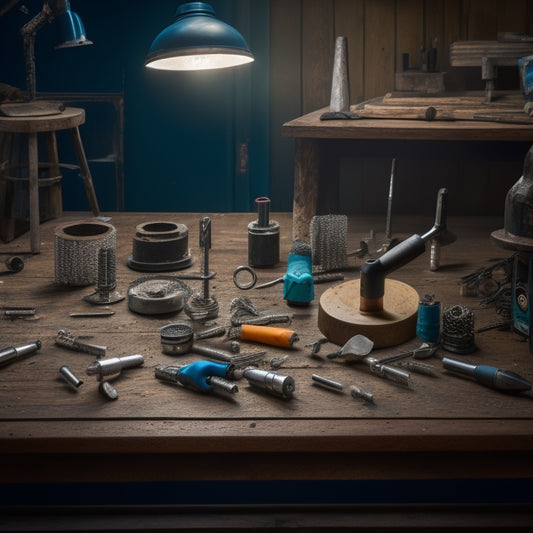 A cluttered workshop table with various drill bits, anchors, and screws scattered around a partially drilled hole in a wooden plank, with a cordless drill lying nearby.