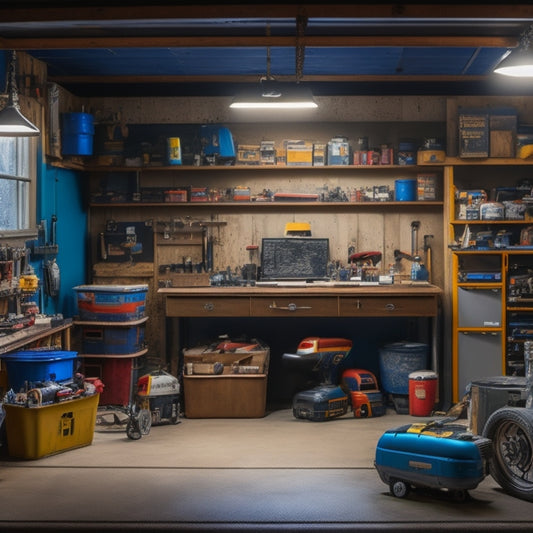 A cluttered, well-lit garage with a mix of brand-new and worn power tools on shelves and workbenches, surrounded by half-finished DIY projects and scattered tool rental catalogs.
