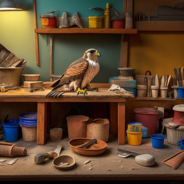 A cluttered workbench with various plastering tools, including a hawk, trowel, and joint knife, arranged around a half-finished plastered wall with a bucket of mixed plaster in the foreground.