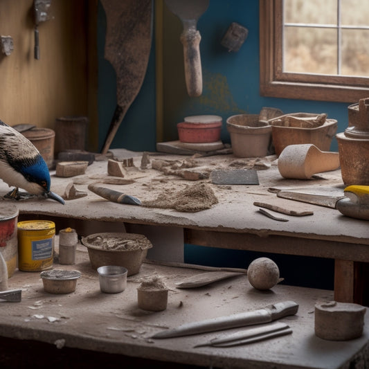 A cluttered workbench with various plastering tools, including a trowel with worn handle, a hawk with fresh plaster, a putty knife, and a level, surrounded by scattered plaster chunks and dust.