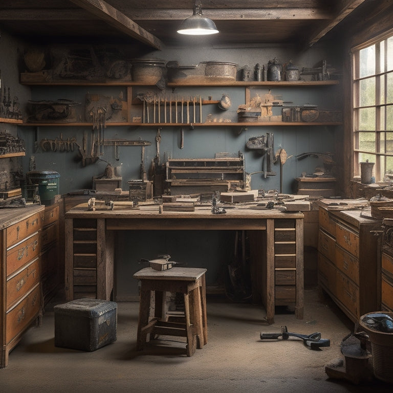 A cluttered workshop with a distressed wooden table, scattered power tools, and a half-assembled cabinet in the background, contrasted with a tidy, organized workspace featuring a toolbox, level, and a perfectly built shelving unit.