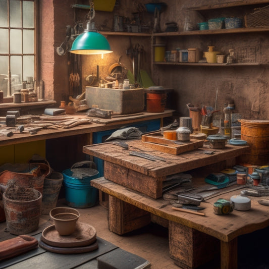 A cluttered, yet organized, workbench with various affordable materials like reclaimed wood, terracotta tiles, and recycled glass, surrounded by DIY tools and a subtle background of a renovated room.