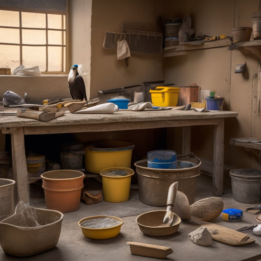 A cluttered workbench with various DIY plastering tools, including a hawk, trowel, joint knife, and putty knife, surrounded by buckets of plaster, sand, and water, with a partially plastered wall in the background.