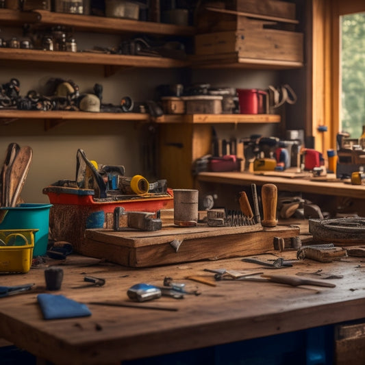 A cluttered DIY workshop with various finishing tools scattered on a wooden workbench, surrounded by half-finished renovation projects, with a blurred background of a home under construction.