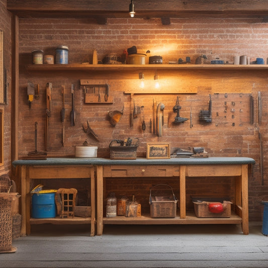 A clutter-free workshop with a variety of home renovation tools organized on pegboards and in labeled bins, surrounded by a few partially renovated rooms with exposed brick and wooden beams.