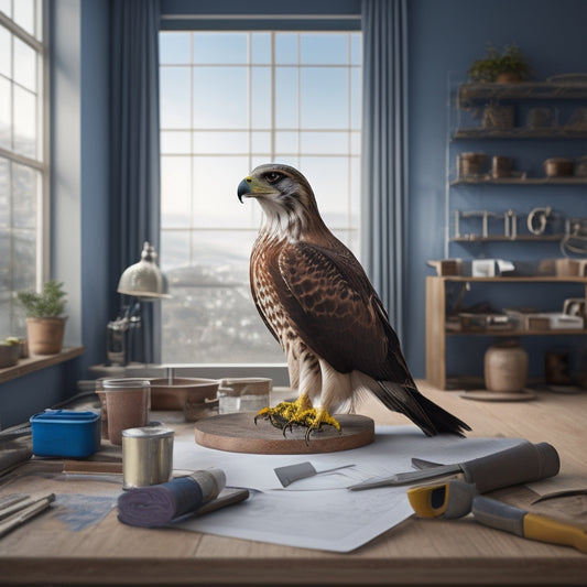 An illustration of a hawk perched on a blueprint roll, surrounded by scattered renovation tools and a subtle background of a renovated living room with modern furniture and large windows.
