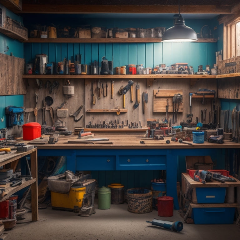 A cluttered but organized DIY workshop with a workbench, power tools, hammers, screwdrivers, and a pegboard, surrounded by renovation materials like lumber, pipes, and paint cans.