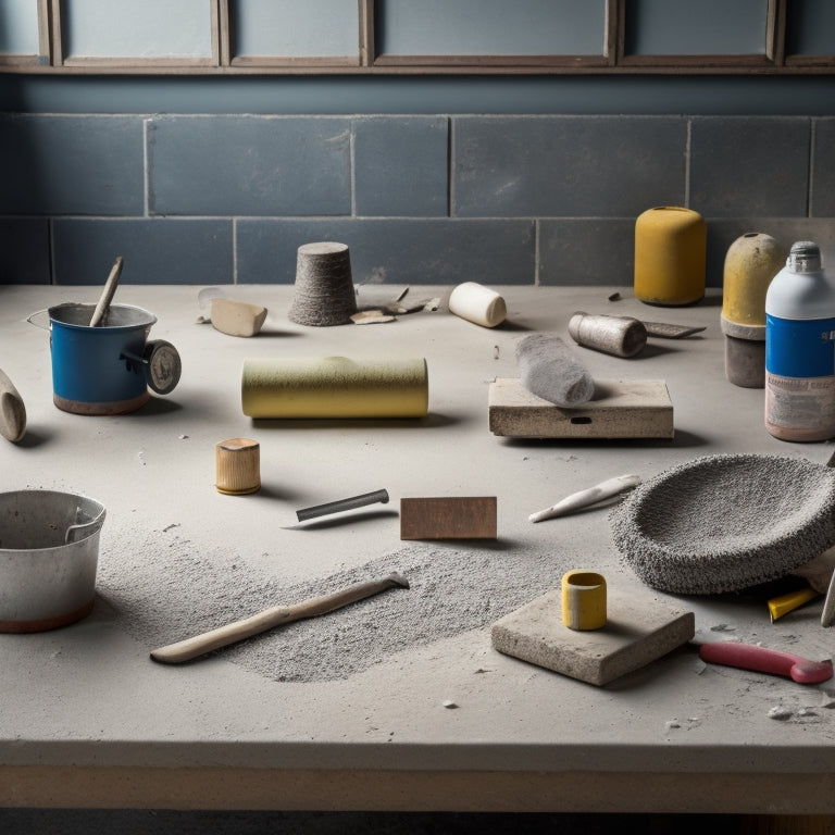 A cluttered workspace with various concrete adhesion tools scattered around, including a notched trowel, scraper, putty knife, and mixing bucket, amidst a backdrop of partially renovated walls and flooring.