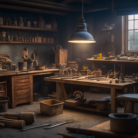 A tidy, well-lit workshop with a wooden workbench in the center, surrounded by various trowels of different sizes and materials, with a blurred background of renovation tools and materials.