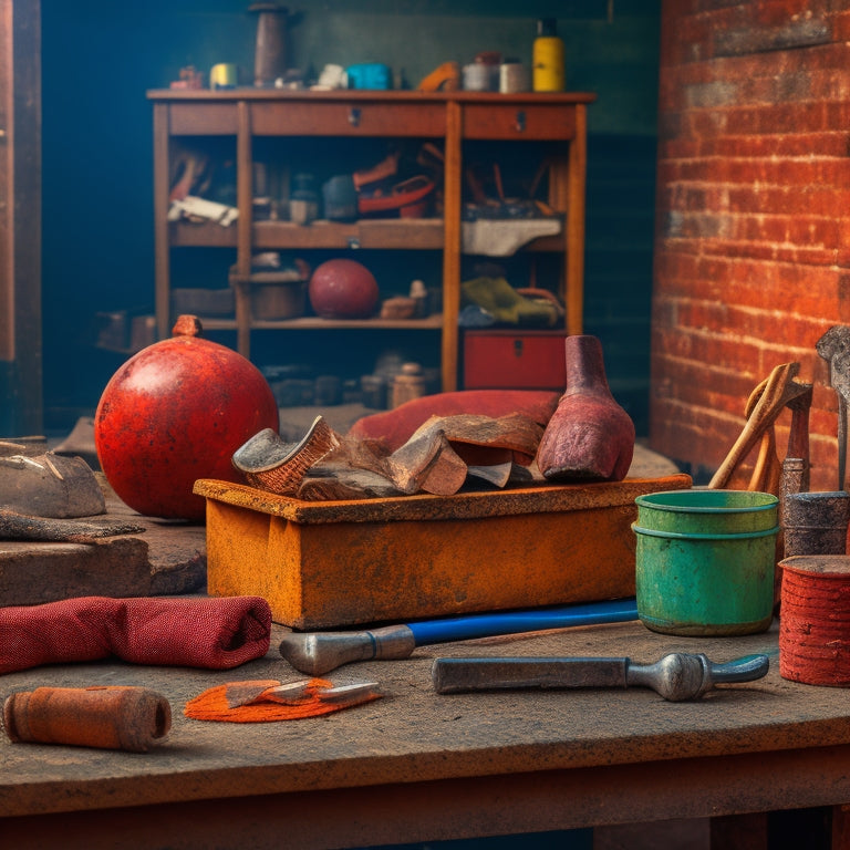 A cluttered workbench with a masonry hammer, worn gloves, and scattered brick fragments, alongside makeshift alternatives: a rusty wrench, a heavy rock, and a length of frayed rope.
