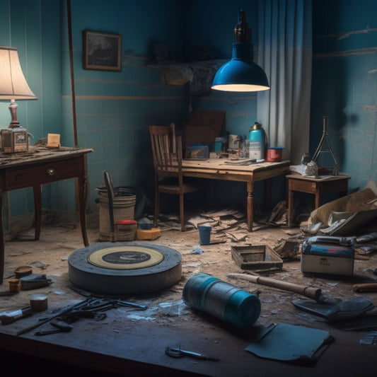 A cluttered, dimly lit room with peeling wallpaper, cracked tiles, and a broken lamp, transformed into a bright, organized space with a hammer, tape measure, and renovation tools scattered around.