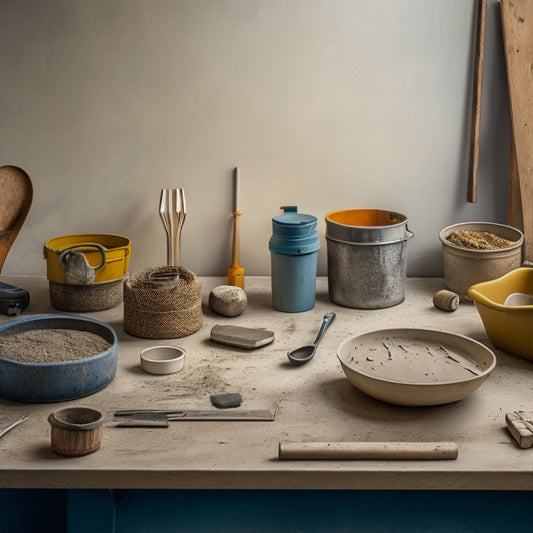 A well-organized workshop table with various plastering trowels from different top-rated brands, surrounded by renovation tools and a partially plastered wall in the background.