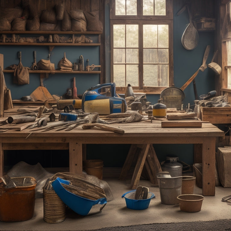 A well-organized workshop with a mix of hand tools (trowels, floats, and hawks) and power tools (drills and mixers) on a wooden workbench, surrounded by bags of plaster and buckets of water.