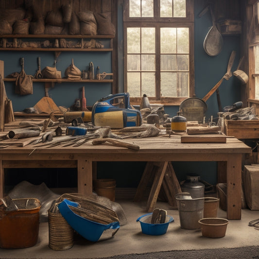 A well-organized workshop with a mix of hand tools (trowels, floats, and hawks) and power tools (drills and mixers) on a wooden workbench, surrounded by bags of plaster and buckets of water.