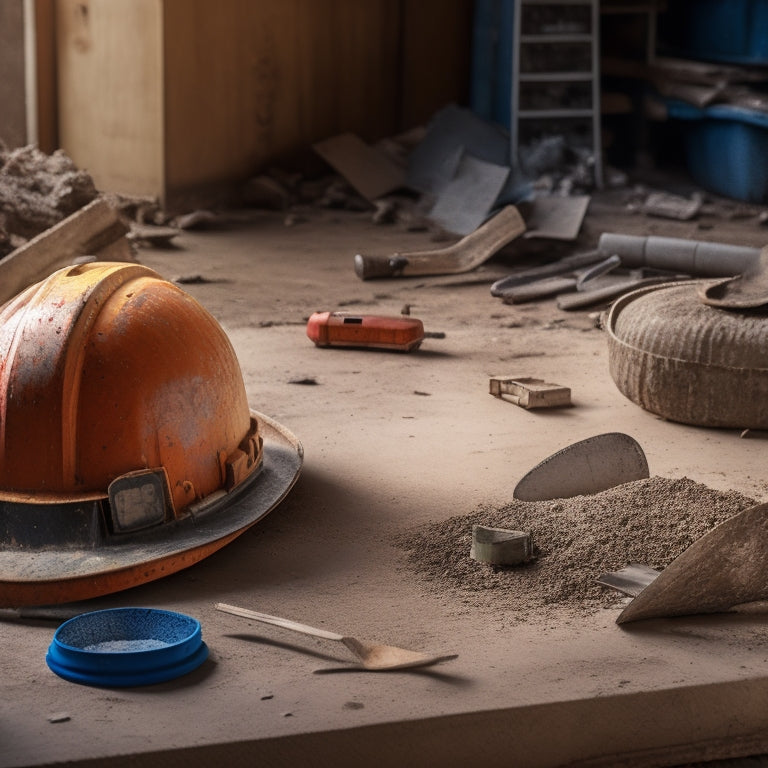 A worn, dusty hard hat lies cracked on a cluttered construction floor, surrounded by scattered tools and debris, with a subtle background of a partially demolished wall.