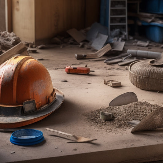 A worn, dusty hard hat lies cracked on a cluttered construction floor, surrounded by scattered tools and debris, with a subtle background of a partially demolished wall.