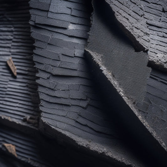 A close-up of a partially demolished wall with exposed carbon fiber strips, surrounded by cracked and crumbling plaster, contrasted with a sturdy, intact section reinforced with sleek, black carbon fiber mesh.