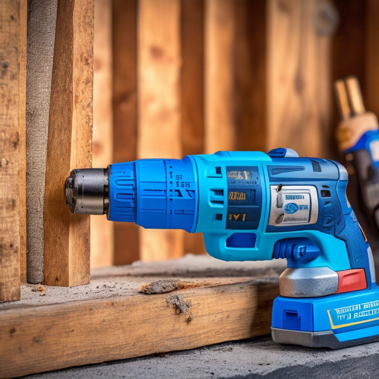 A close-up of a cordless drill held by a gloved hand, surrounded by various drill bits and a partially demolished interior wall with exposed insulation and wooden studs.