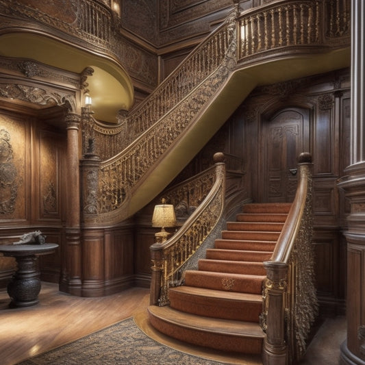 A majestic, curved staircase with worn, wooden banisters and faded carpeting, surrounded by renovation tools like hammers, screwdrivers, and paint cans, with a subtle, golden lighting effect.