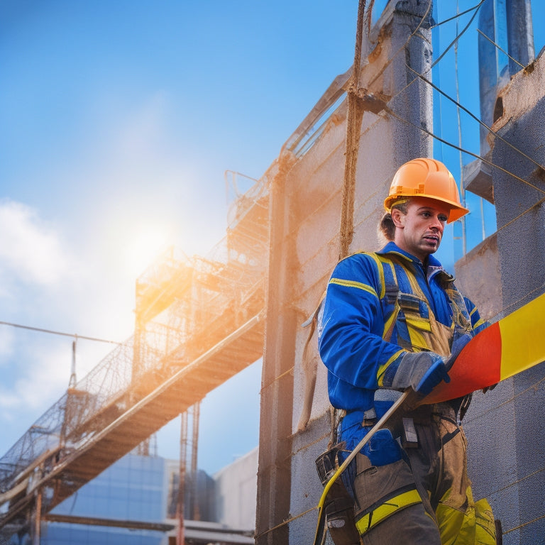 A worker in a hard hat and harness, standing on scaffolding, applying new exterior wall covering to a multi-story building, with caution tape and safety nets surrounding the area.