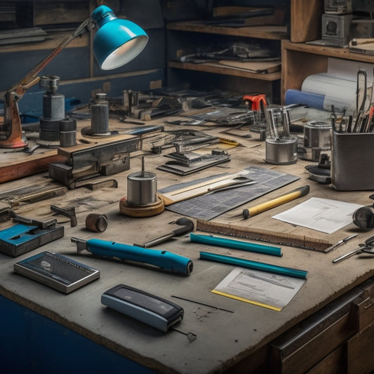 A cluttered workbench with various precision measuring tools, including a steel tape measure, combination square, laser level, and caliper, surrounded by scattered blueprints and architectural drawings.