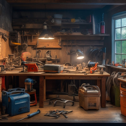 A cluttered, well-lit workshop with a variety of essential tools scattered across a wooden workbench, including a circular saw, drill press, and impact driver, amidst a backdrop of partially renovated interior space.